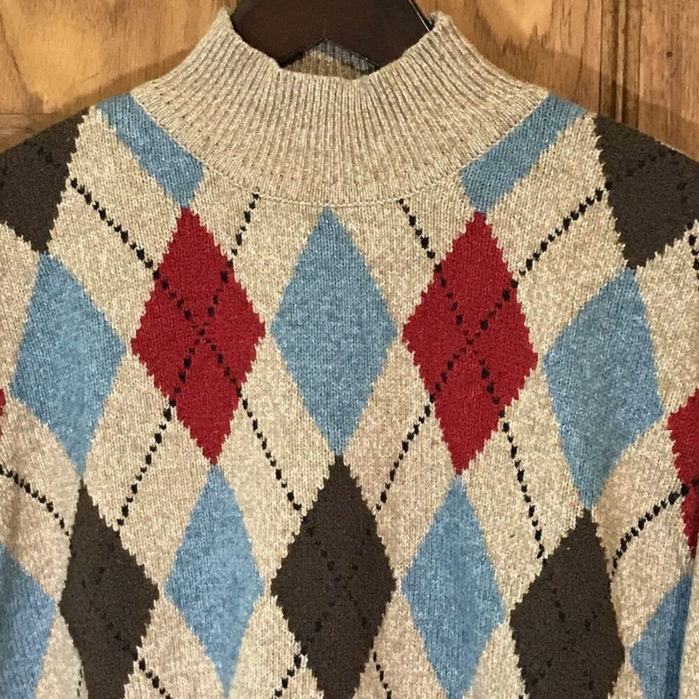 Vtg. Robert Scott Ltd. Tan Argyle Sweater Womens L  Silk Wool Blend Mock Neck LS